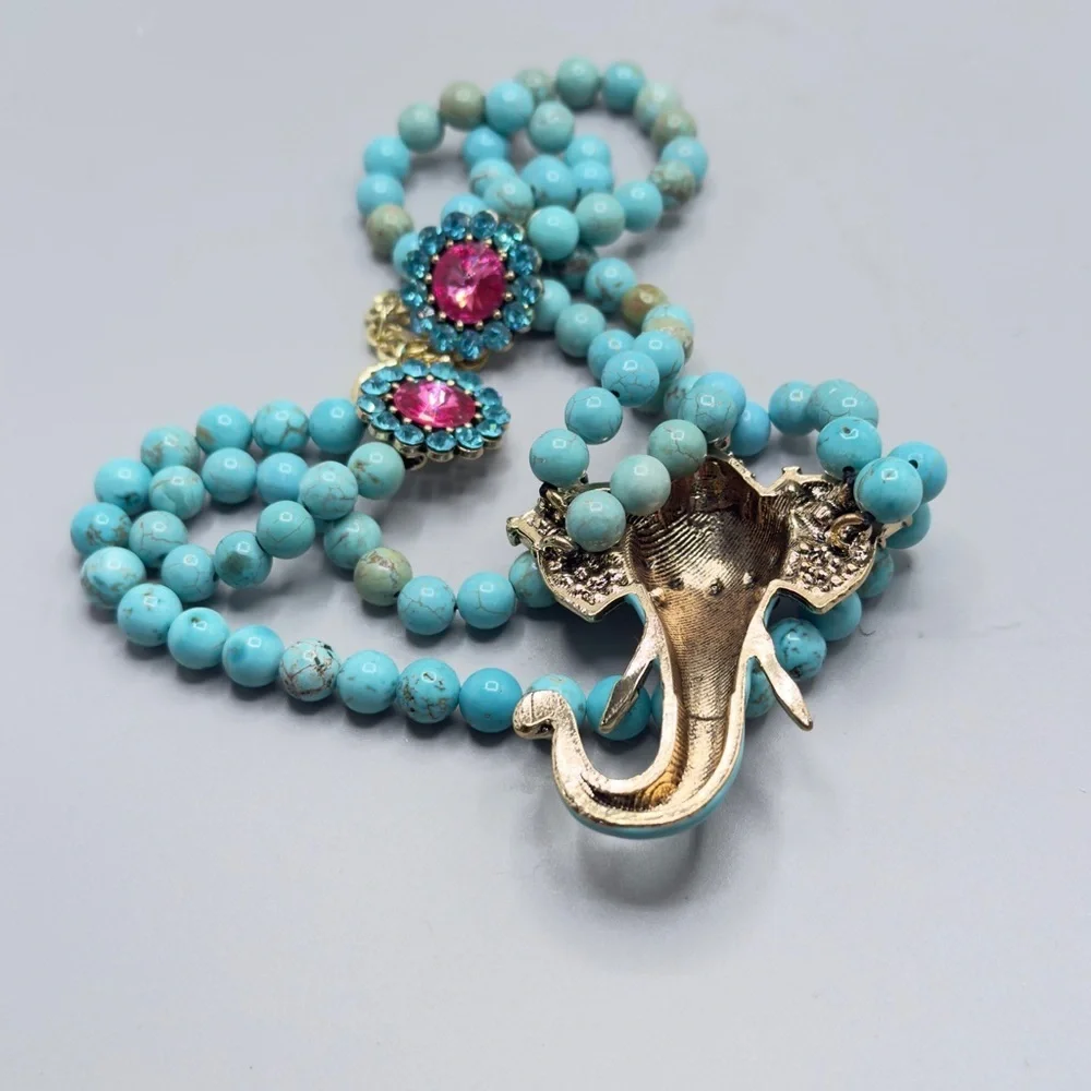Elephant Teal Turquoise Stone and Jewel Statement Necklace 12”
